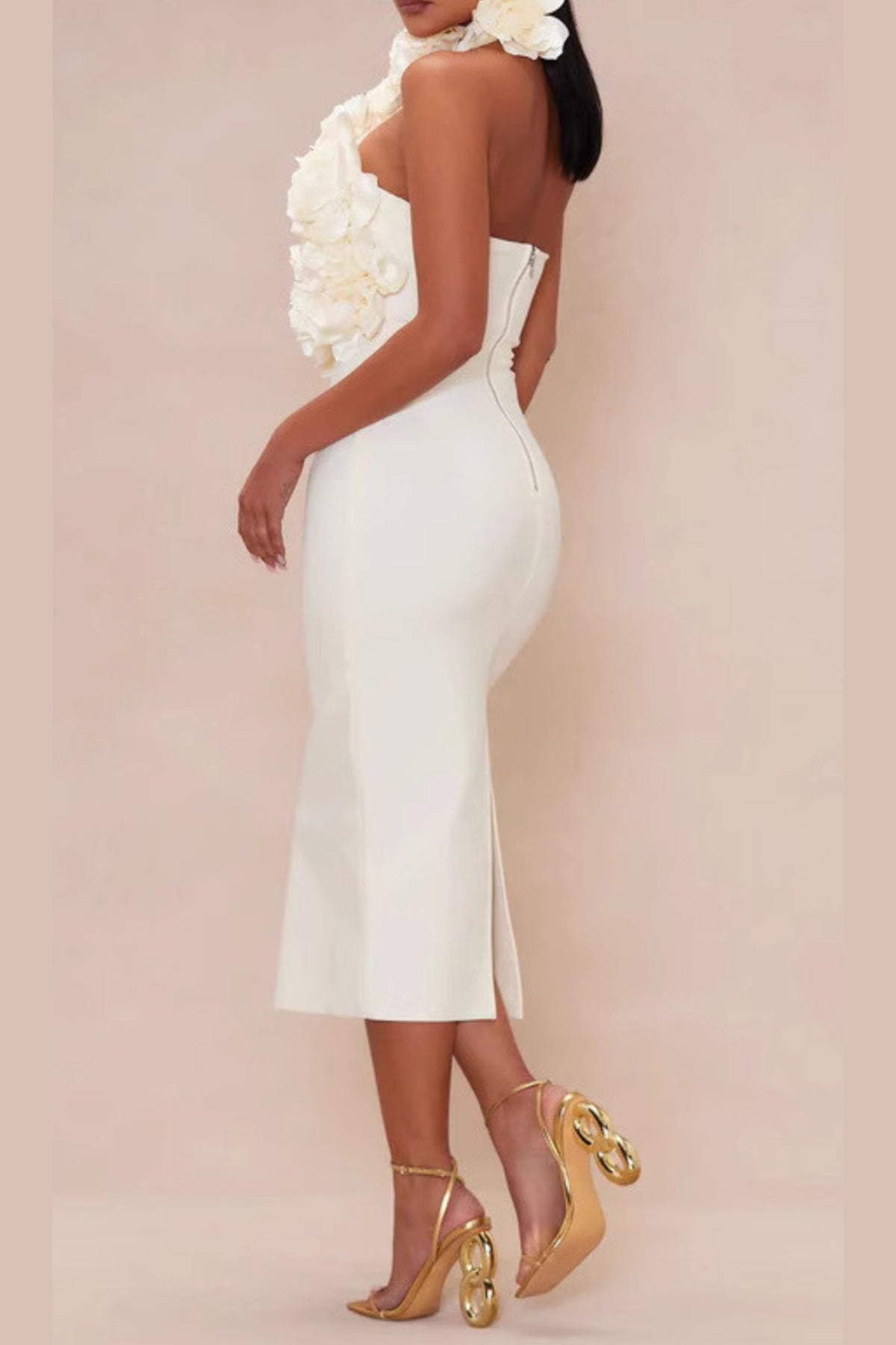 flower bandage midi dress in white
