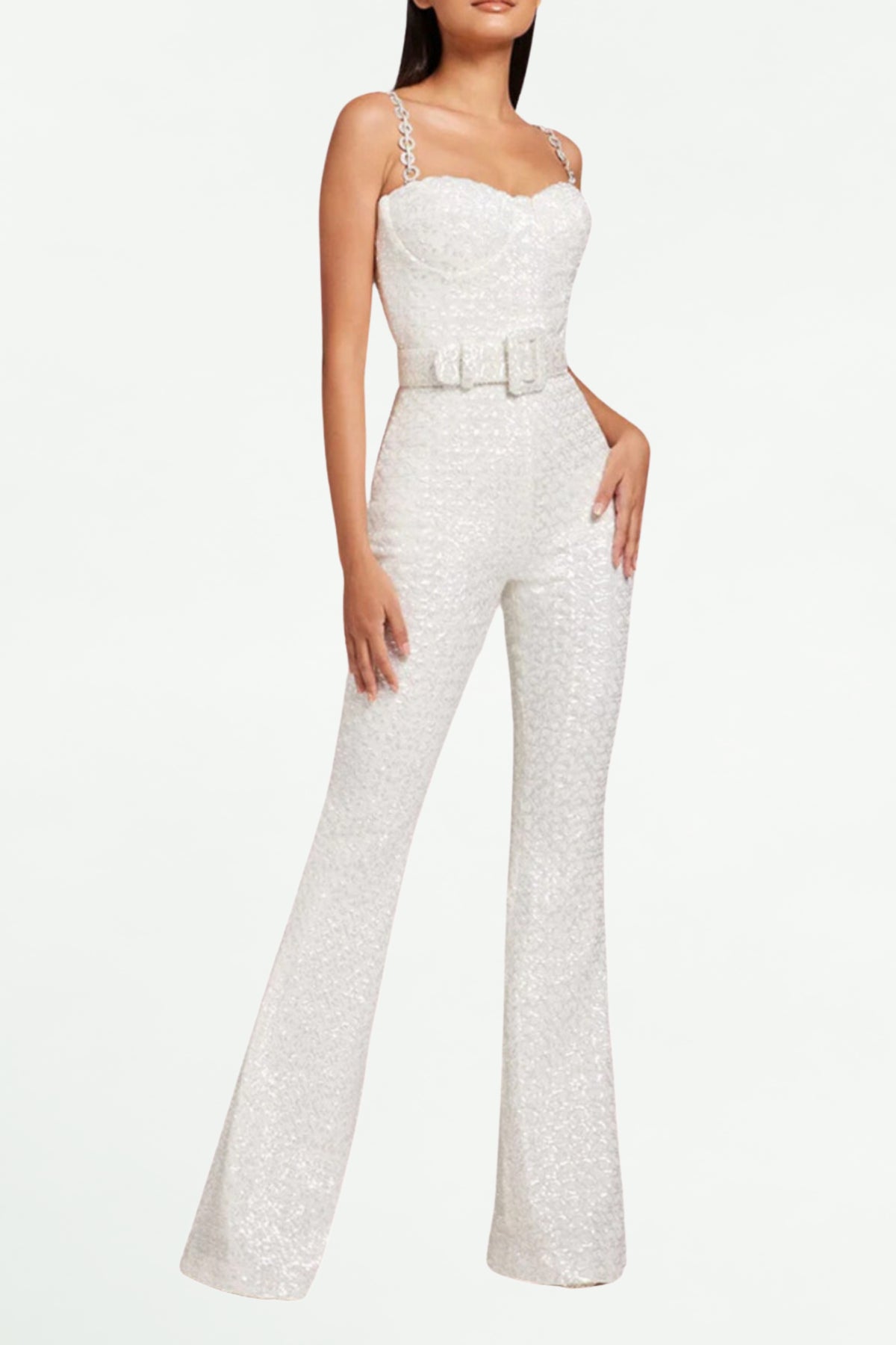JACQUARD DIAMANTE STRAP FLARED JUMPSUIT WITH BELT