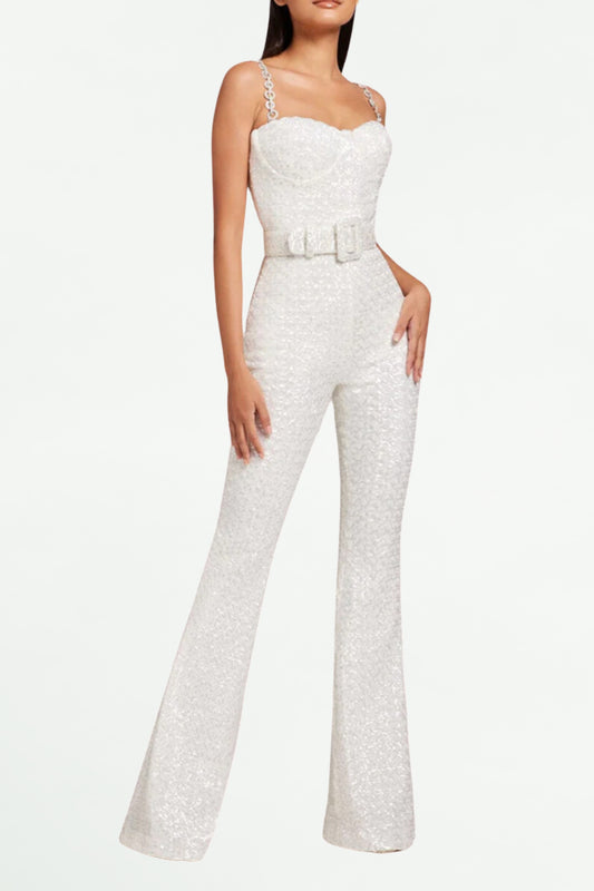 JACQUARD DIAMANTE STRAP FLARED JUMPSUIT WITH BELT