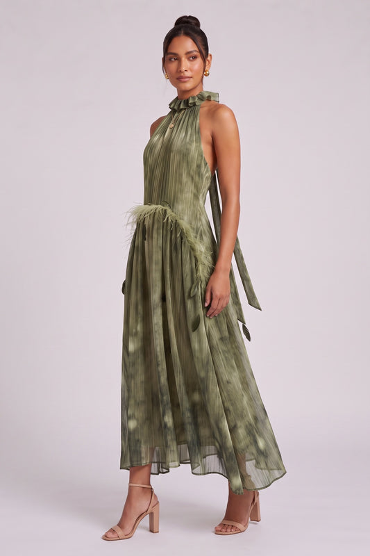 Olive Green Chiffon A-Line Halter Midi Dress olive green, moss green chiffon dress - product view 2