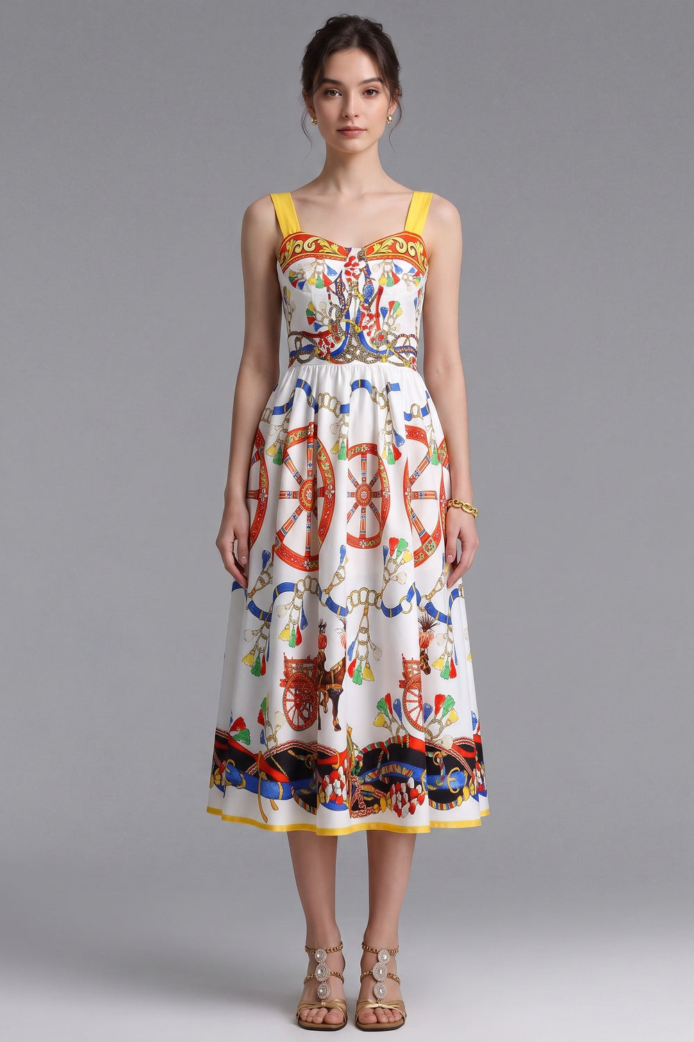 White Cotton Poplin Fit-and-Flare Midi Dress with Sicilian Carretto Print white cotton poplin midi dress - product view 3