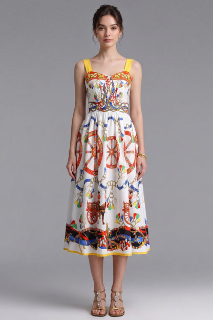 White Cotton Poplin Fit-and-Flare Midi Dress with Sicilian Carretto Print white cotton poplin midi dress - product view 3