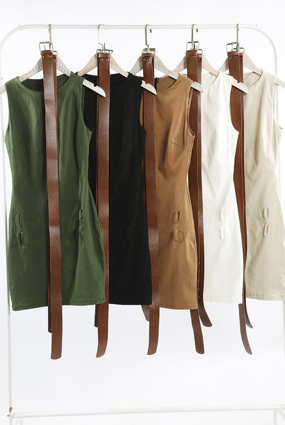 Double Belted Round Neck Mini Dress