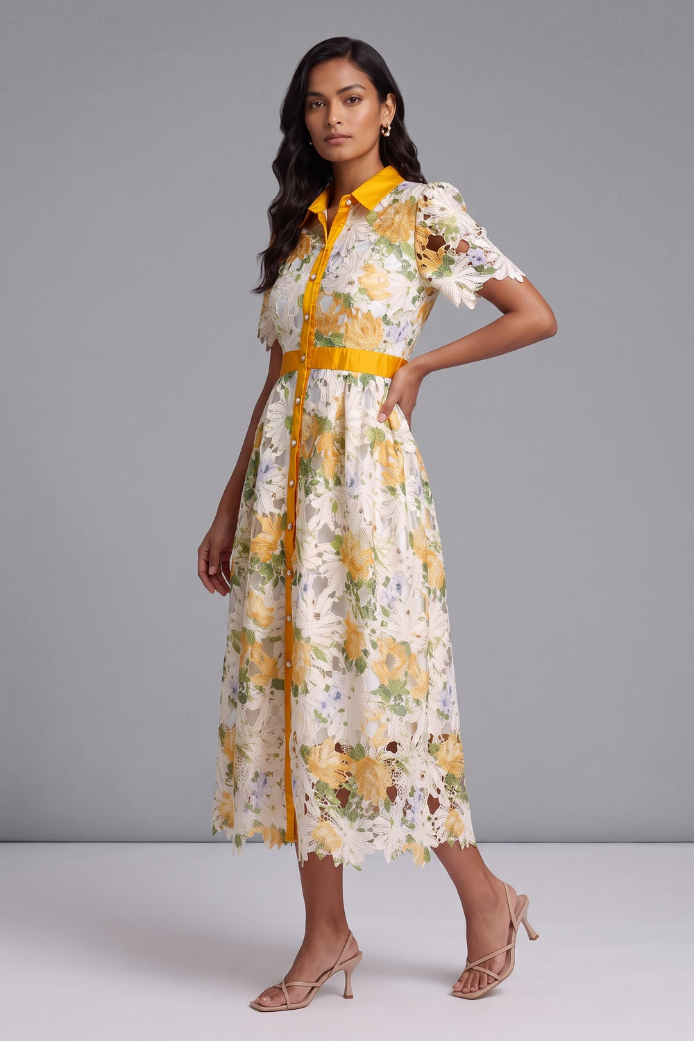White Guipure Floral Lace A-Line Midi Dress with Yellow Satin Accents white, yellow guipure floral lace dress - product view 2