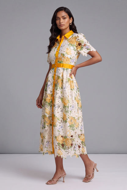 White Guipure Floral Lace A-Line Midi Dress with Yellow Satin Accents white, yellow guipure floral lace dress - product view 2