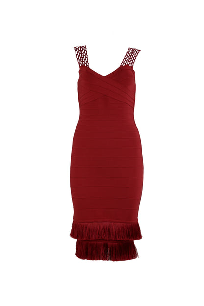 tassel bandage lace bodycon midi dress in burgundy