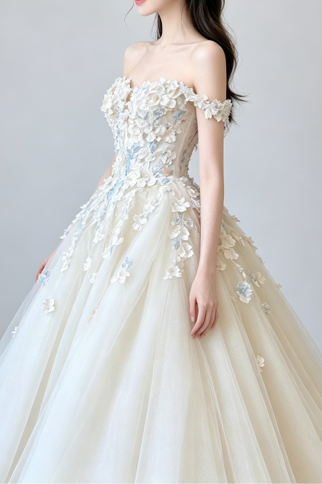 Off Shoulder 3D Floral Tulle Ball Gown Wedding Dress