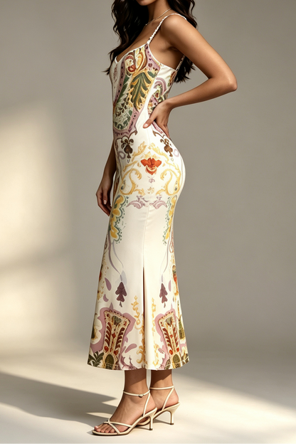 Vintage Cup Tarot Print Beaded Spaghetti Strap Sweetheart Satin Mermaid Midi Dress