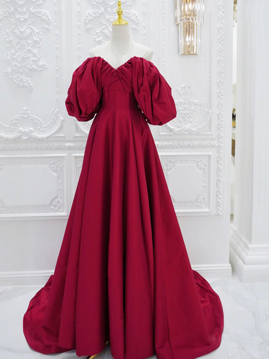 Red Puff Sleeves Satin Dress