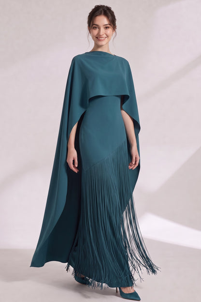 Teal Matte Crepe Column Evening Gown with Asymmetrical Cape Overlay teal matte crepe evening gown - product view 2