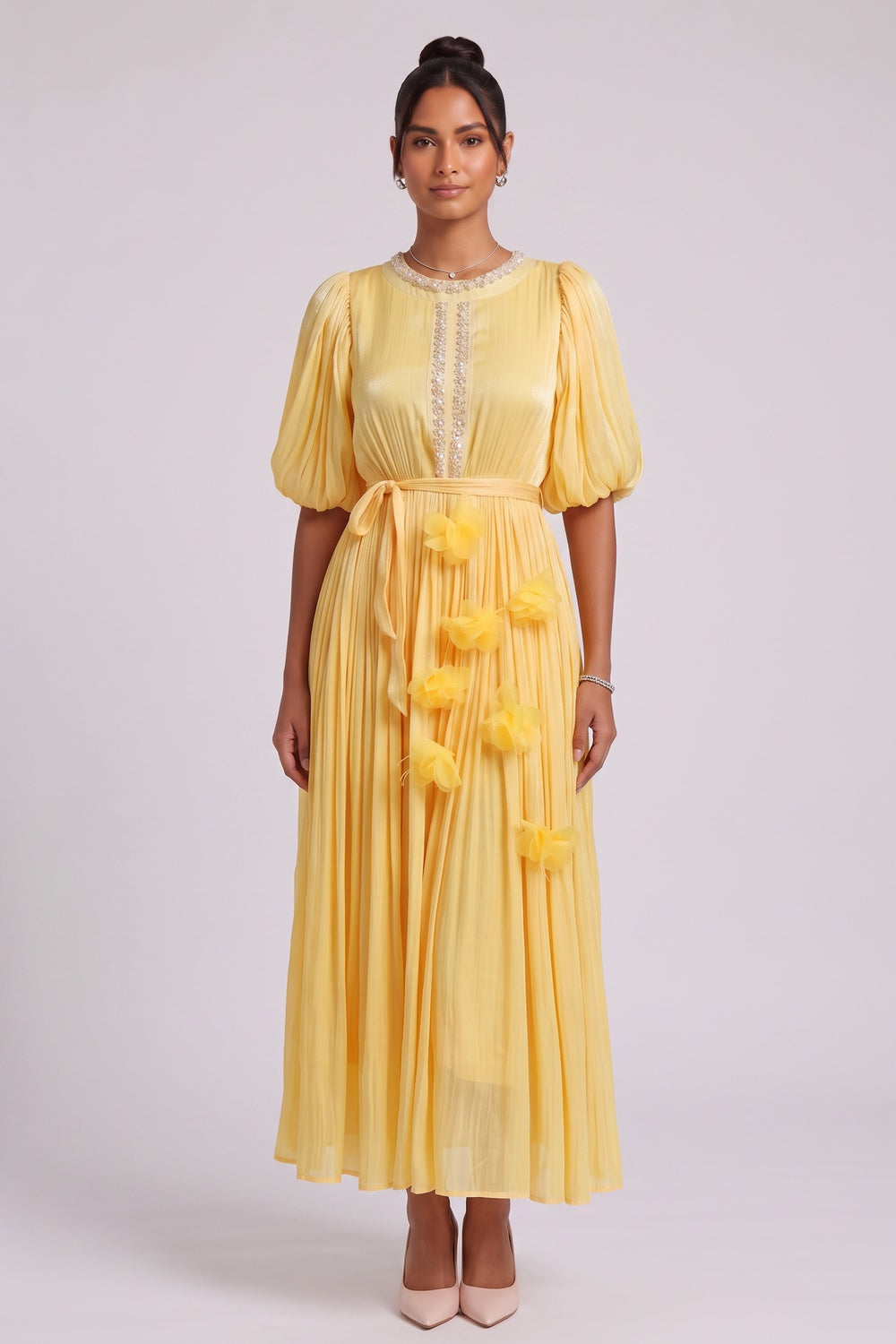 Yellow Midi Dress with Beaded Neckline and 3D Floral Appliqués Premium Fabric - product view 2