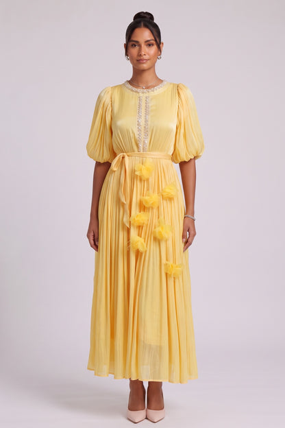 Yellow Midi Dress with Beaded Neckline and 3D Floral Appliqués Premium Fabric - product view 2
