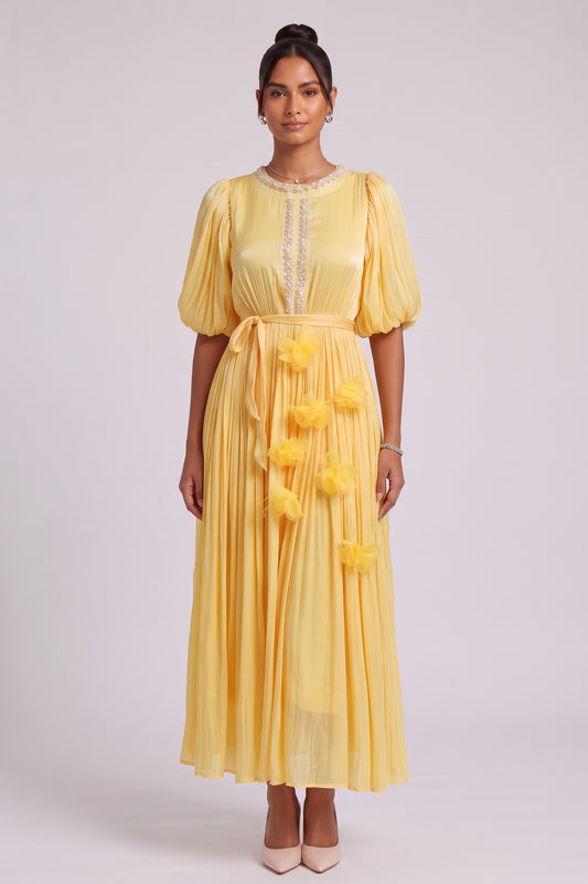 Yellow Midi Dress with Beaded Neckline and 3D Floral Appliqués Premium Fabric - product view 2