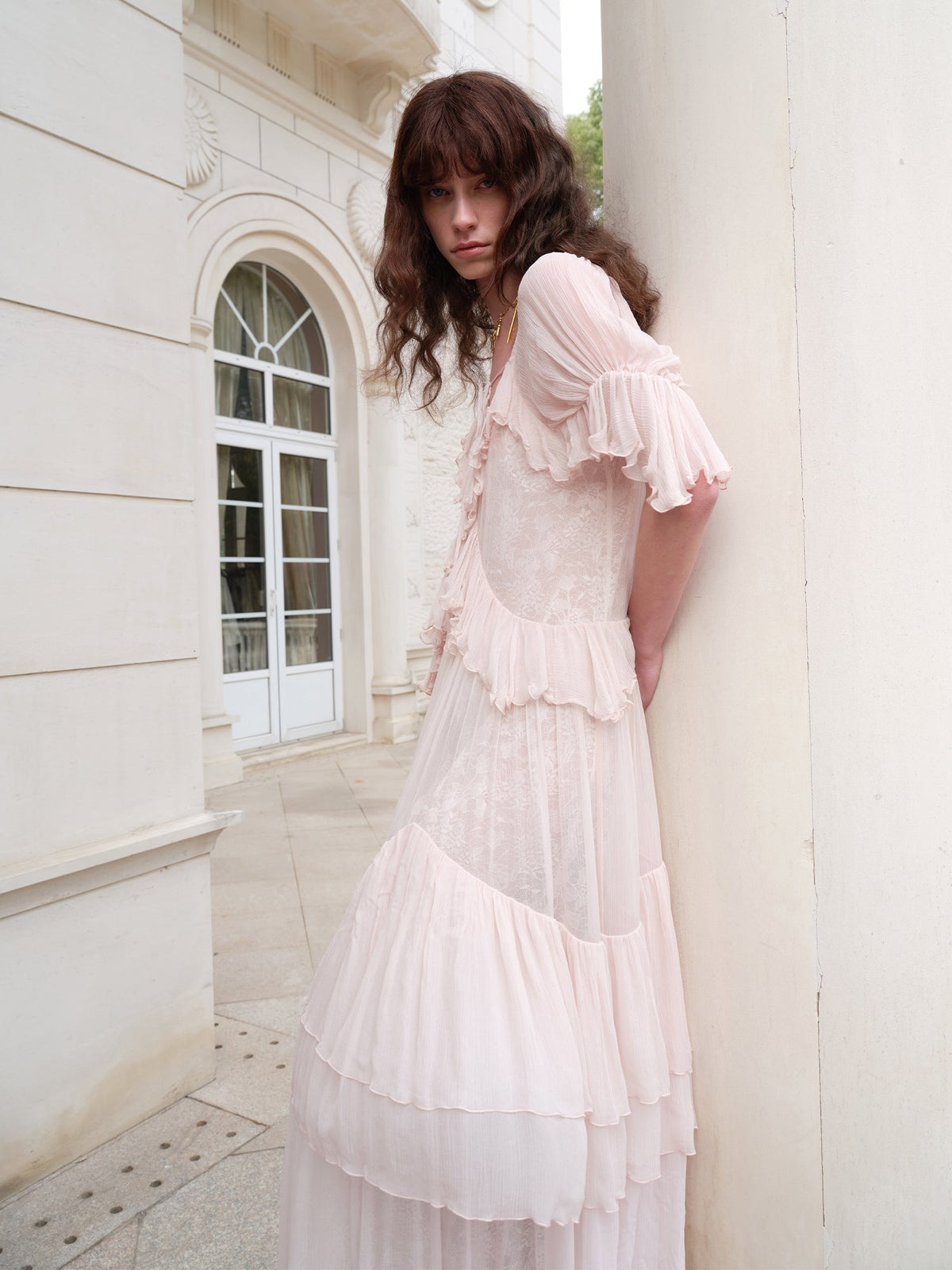 kristin Lace Three-Quarter Sleeve Ruffle maxi Dress - pink