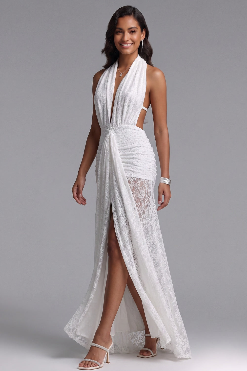 white lace column with front slit gown white lace gown - product view 4