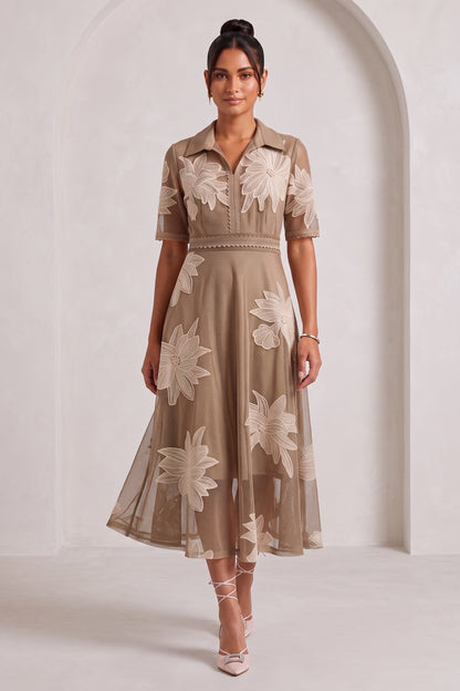 Taupe Fine Mesh Tulle A-Line Midi Dress with Floral Applique taupe, brown fine mesh tulle dress - product view 4
