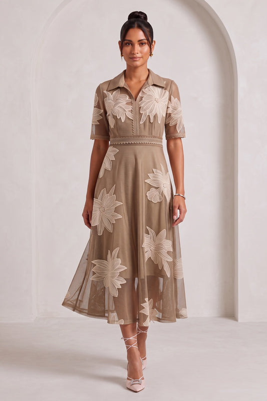 Taupe Fine Mesh Tulle A-Line Midi Dress with Floral Applique taupe, brown fine mesh tulle dress - product view 4