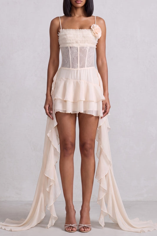 Spaghetti Strap Lace Corset High Low Ruffle Mini Dress