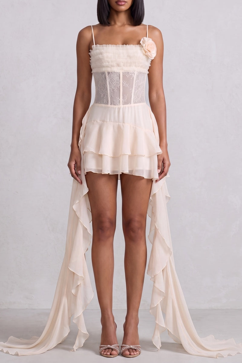Spaghetti Strap Lace Corset High Low Ruffle Mini Dress