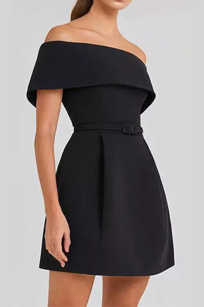 belted off-shoulder a-line mini dress in black
