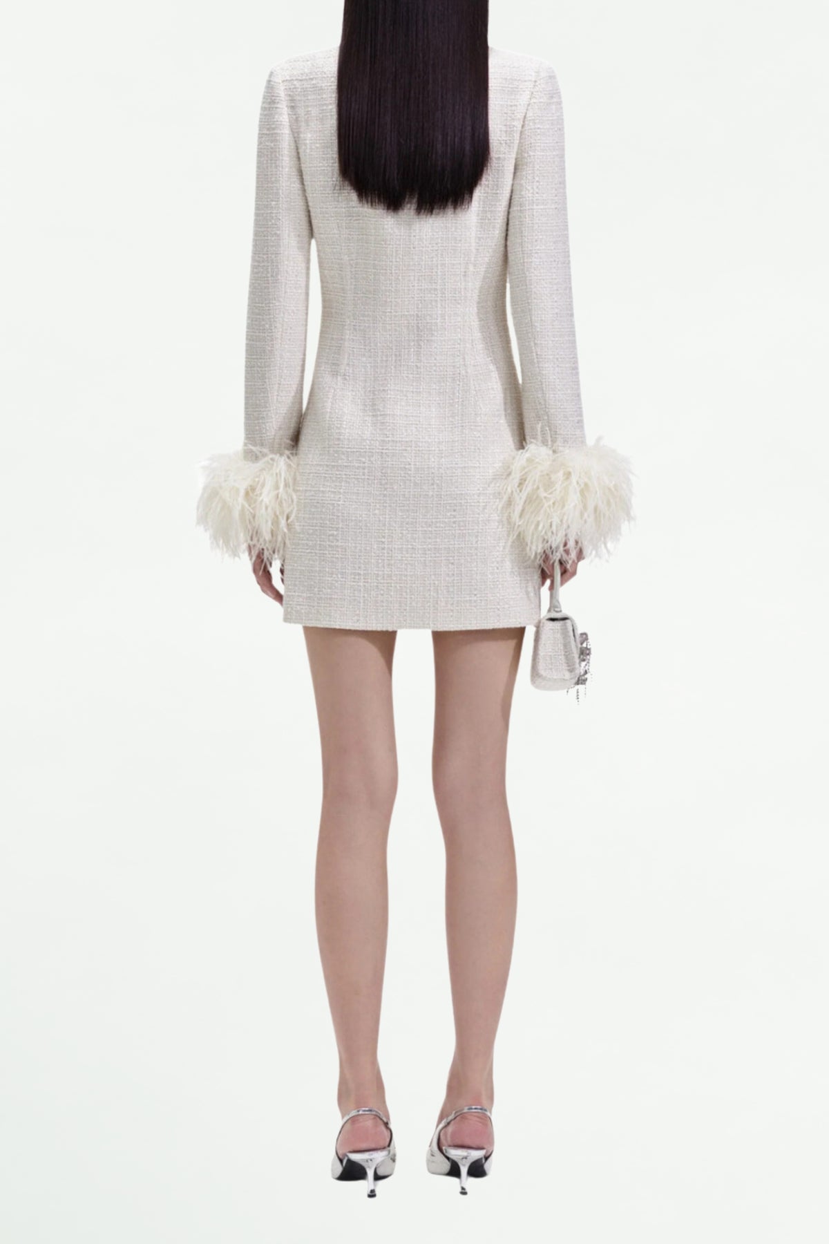 CREAM BOUCLE FEATHER MINI DRESS