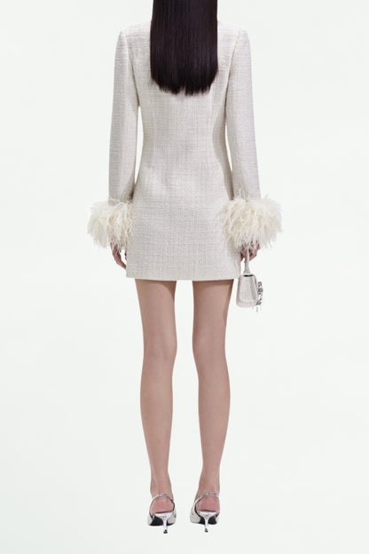 CREAM BOUCLE FEATHER MINI DRESS