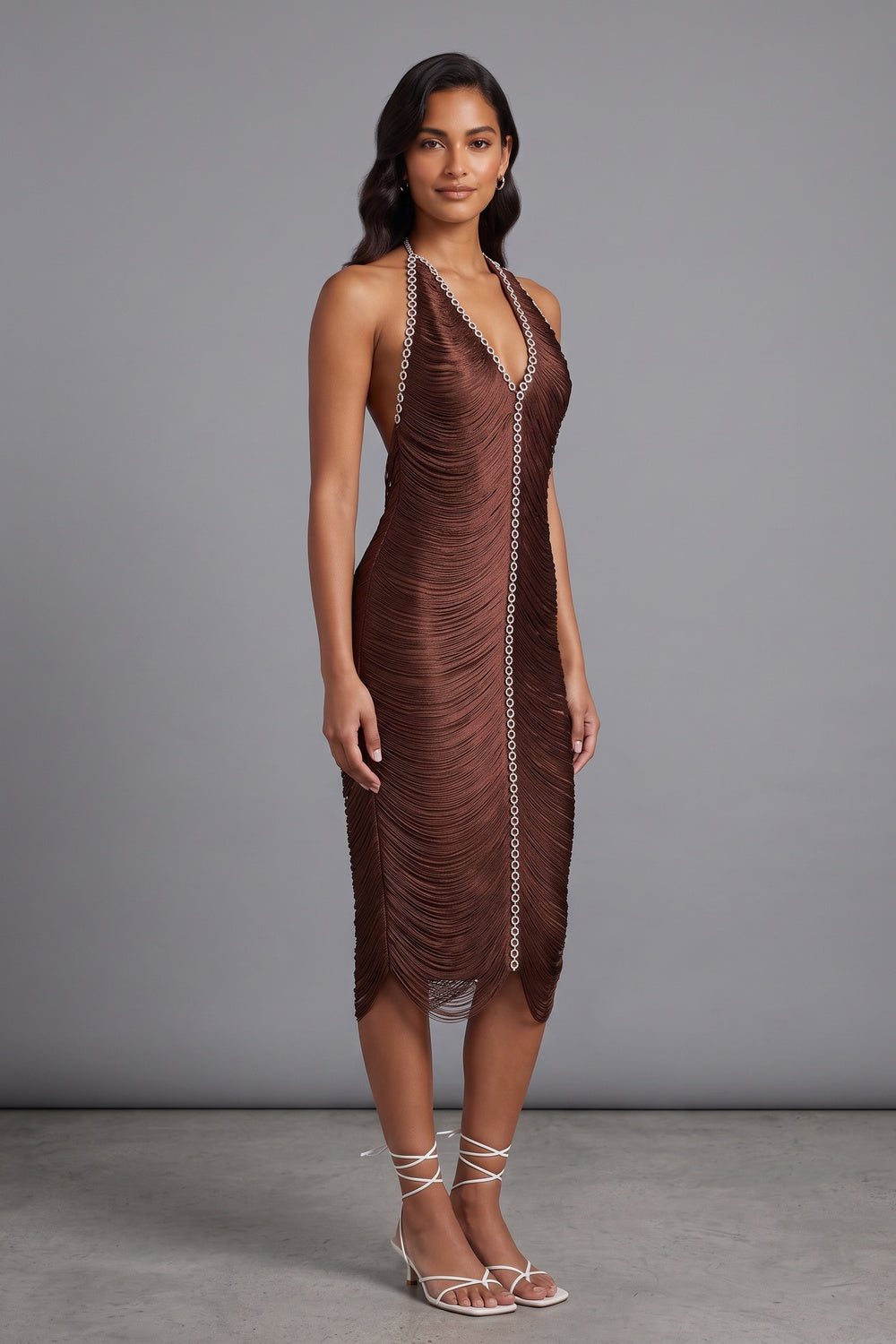 chocolate brown micro-fringe textured synthetic sheath dress chocolate brown micro-fringe textured synthetic dress - product view 1