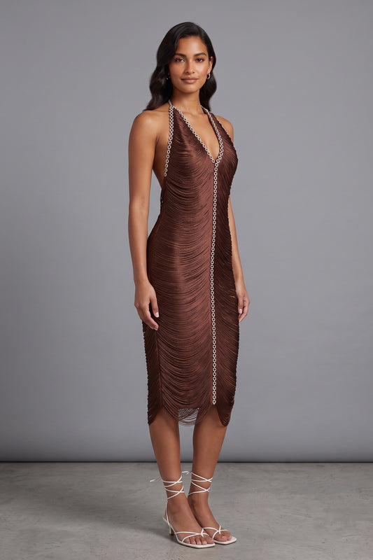chocolate brown micro-fringe textured synthetic sheath dress chocolate brown micro-fringe textured synthetic dress - product view 1