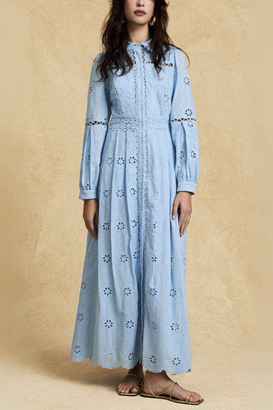 retro single-breasted hollow lace midi dress in blue