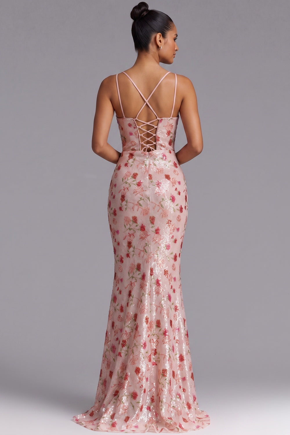 Blush Pink Floral Sequin Mermaid Gown with Lace-Up Back Premium Fabric - product view 1