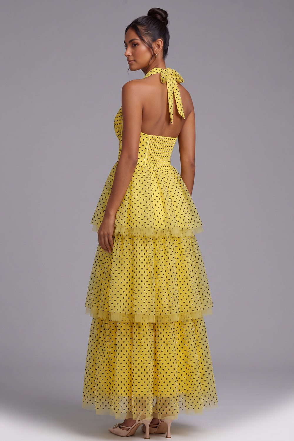 Yellow Polka Dot Tiered Halter Maxi Dress Premium Fabric - product view 3