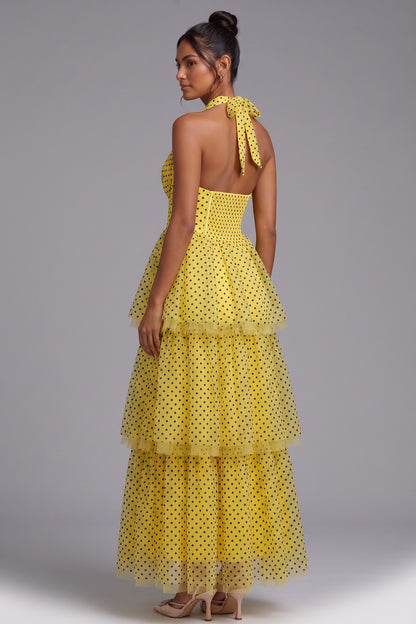 Yellow Polka Dot Tiered Halter Maxi Dress Premium Fabric - product view 3