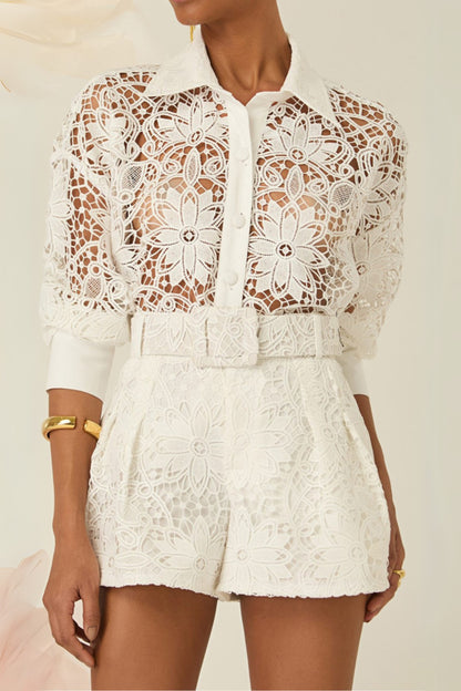 hollow cut lace shirt shorts two pieces set in white