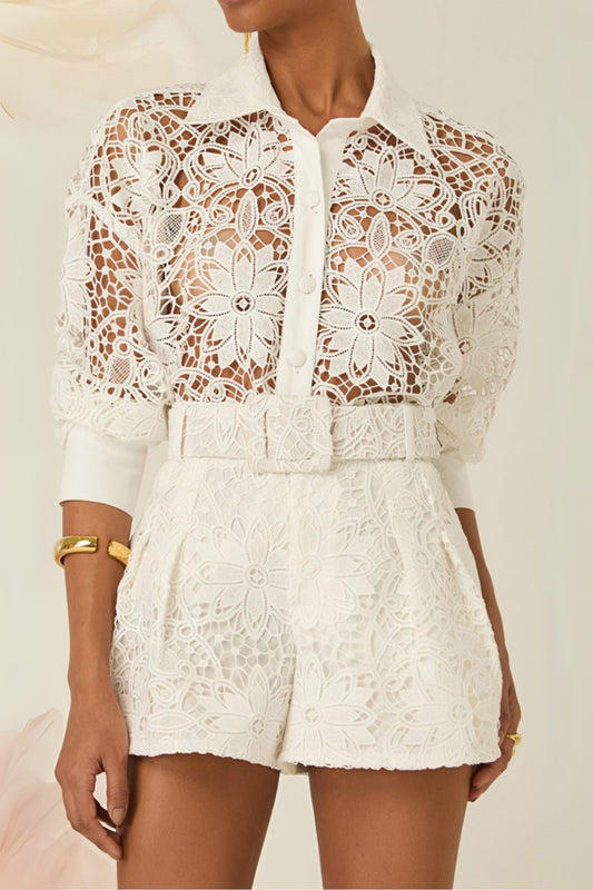 hollow cut lace shirt shorts two pieces set in white
