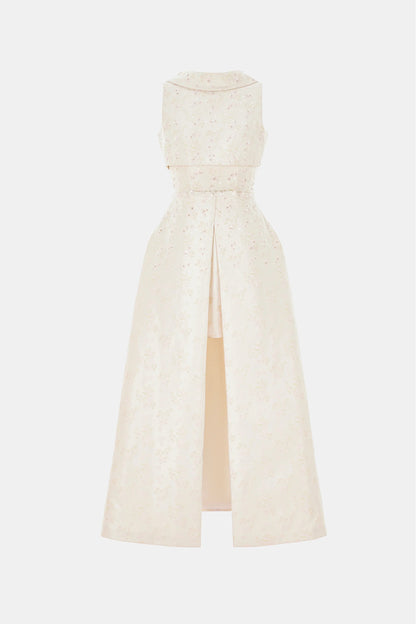 BEADED BROCADE COWL NECK LONG