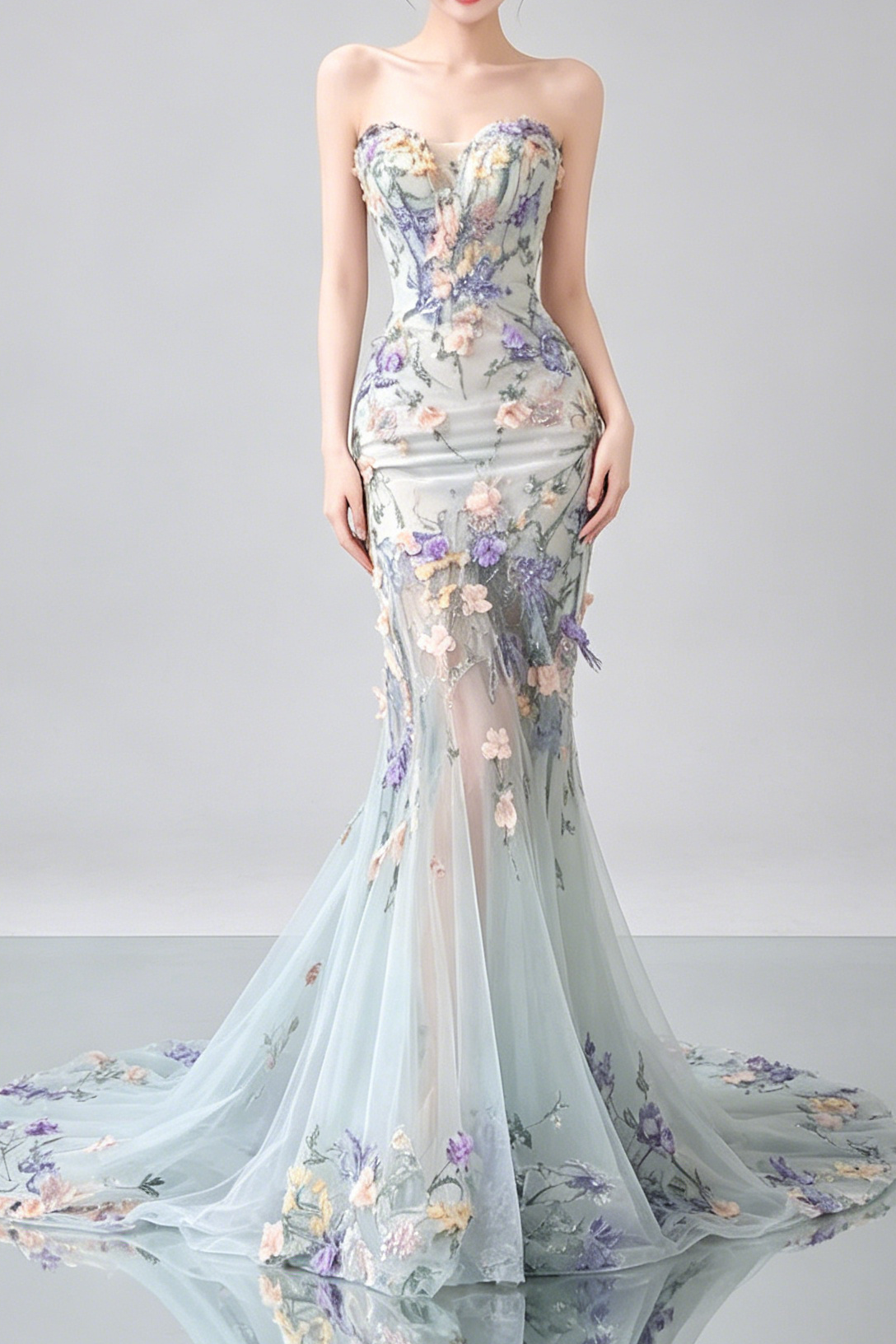 Strapless Pastel 3D Floral Tulle Mermaid Gown With Train