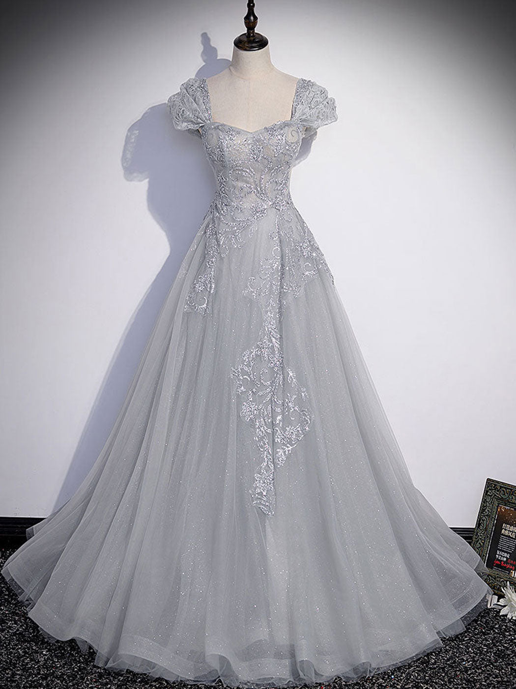 A-Line Gray Tulle Sequin Dress