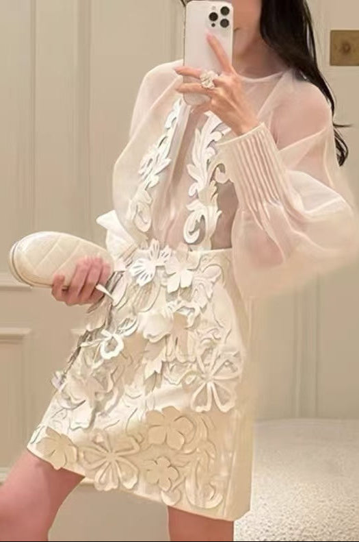 Floral appliqué sheer organza blouse & mini skirt set - white