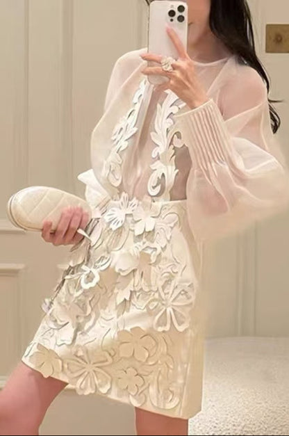 Floral appliqué sheer organza blouse & mini skirt set - white
