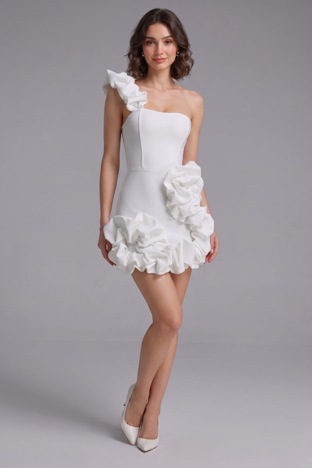 White Structured Stretch Crepe One-Shoulder Bodycon Mini Dress white structured stretch crepe dress - product view 4
