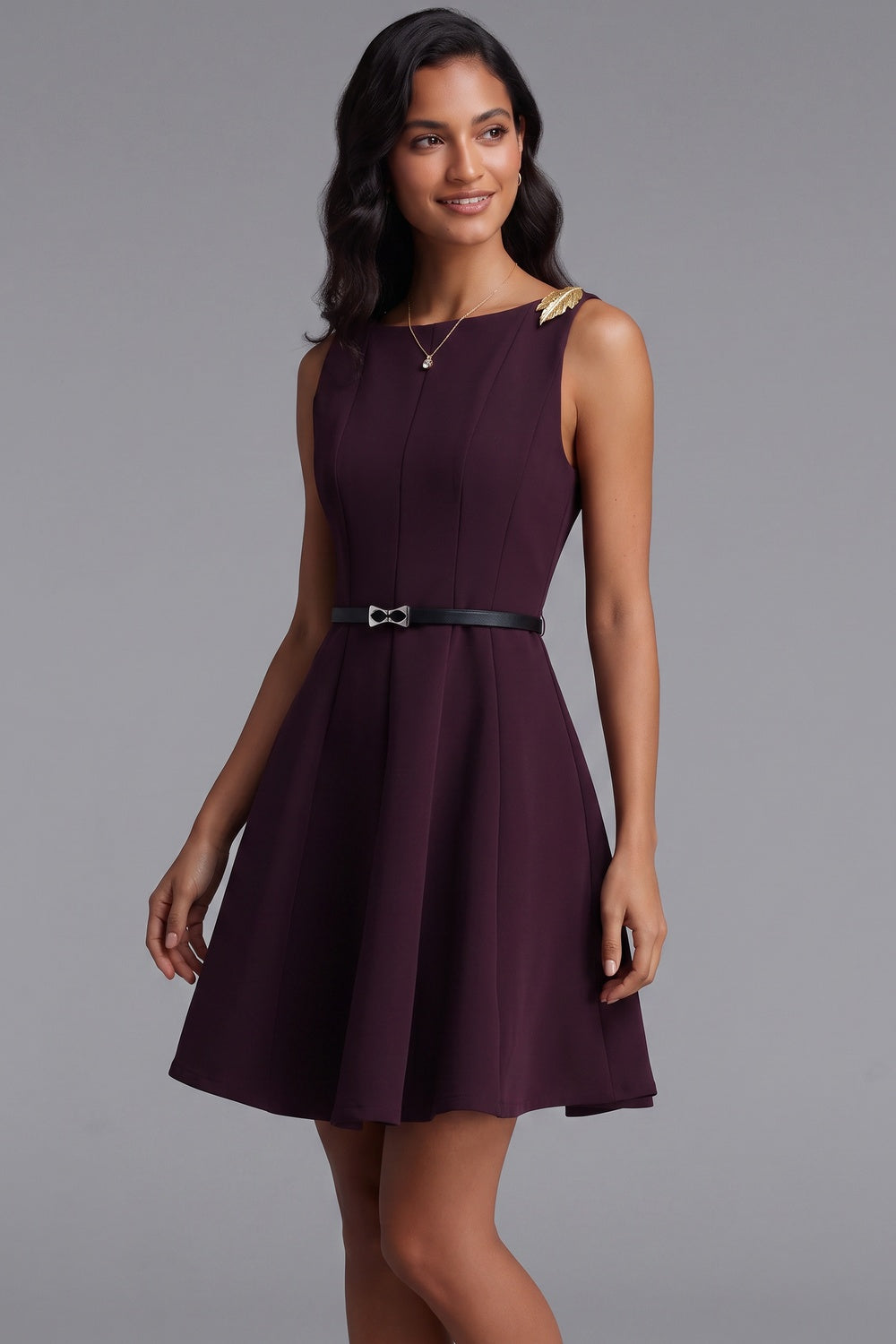 Deep Plum Structured Crepe Fit-and-Flare Mini Dress deep plum structured crepe dress - product view 4