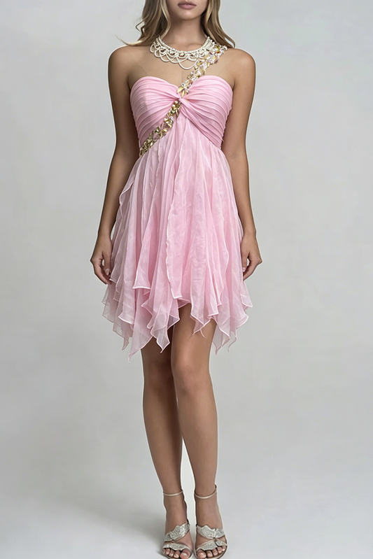 One-Shoulder Crystal Chiffon Party Dress
