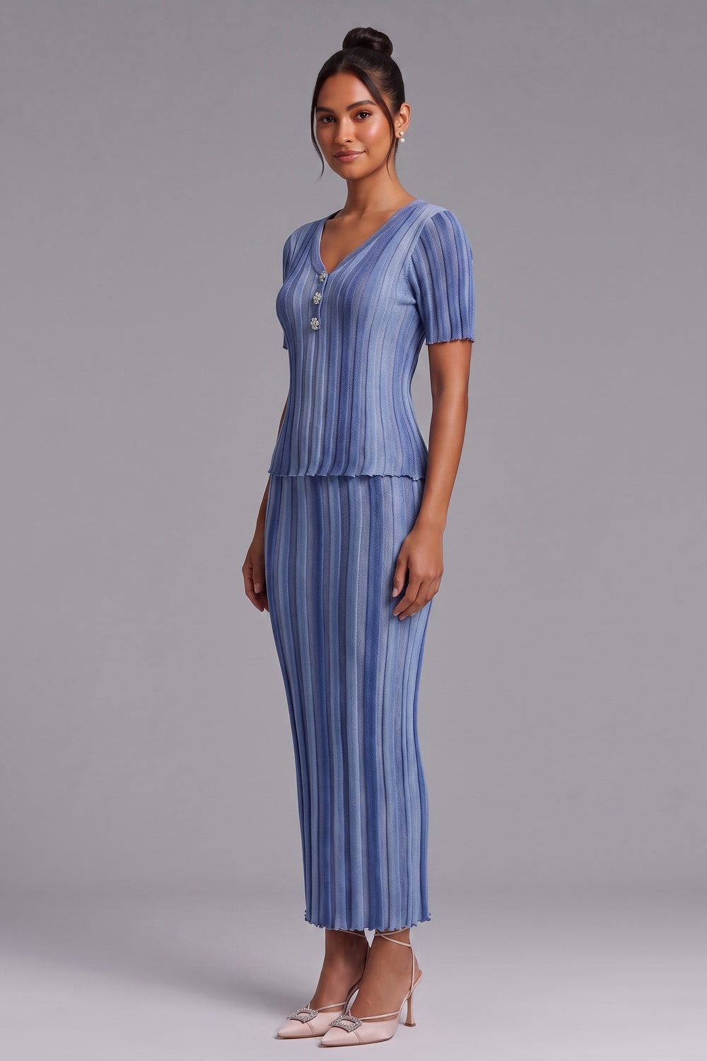 Light Blue Ribbed Knit Two-Piece Set with Gradient Stripes light blue, medium blue, denim blue ribbed knit two-piece set - product view 2