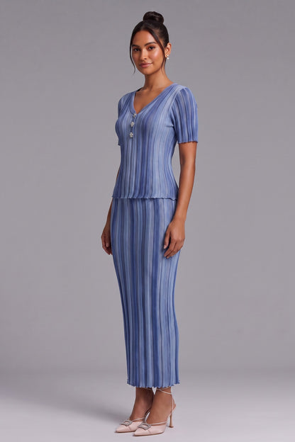 Light Blue Ribbed Knit Two-Piece Set with Gradient Stripes light blue, medium blue, denim blue ribbed knit two-piece set - product view 2