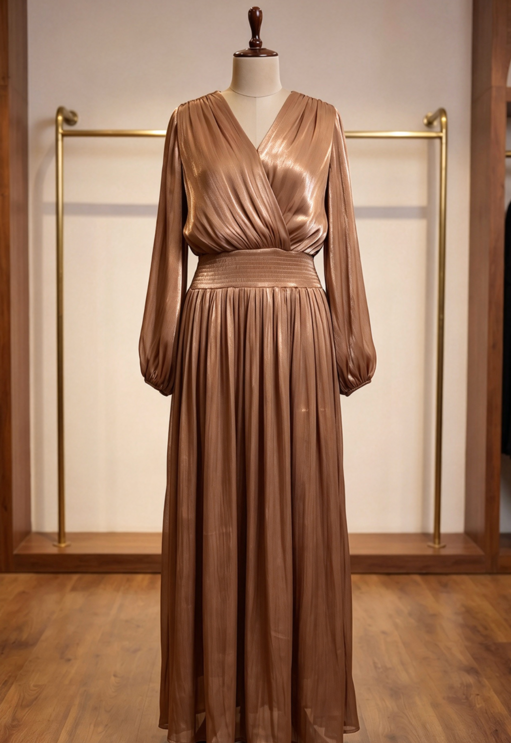 Bronze Brown Pleated Satin-Georgette Blend Maxi Dress