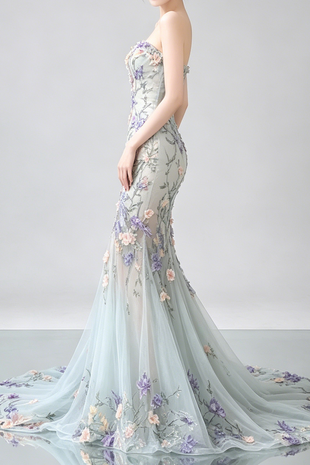 Strapless Pastel 3D Floral Tulle Mermaid Gown With Train