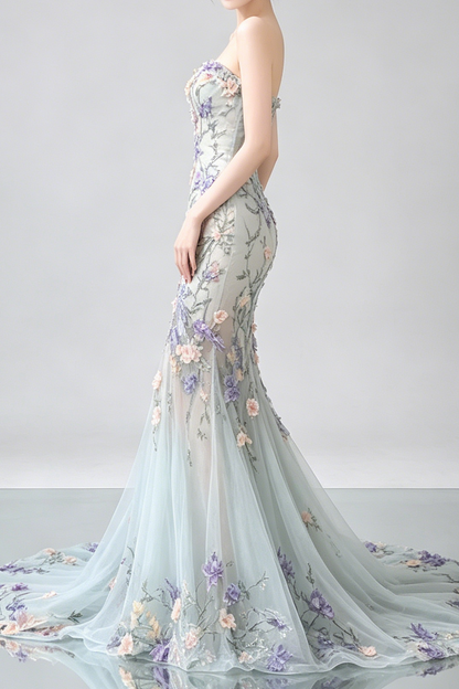 Strapless Pastel 3D Floral Tulle Mermaid Gown With Train