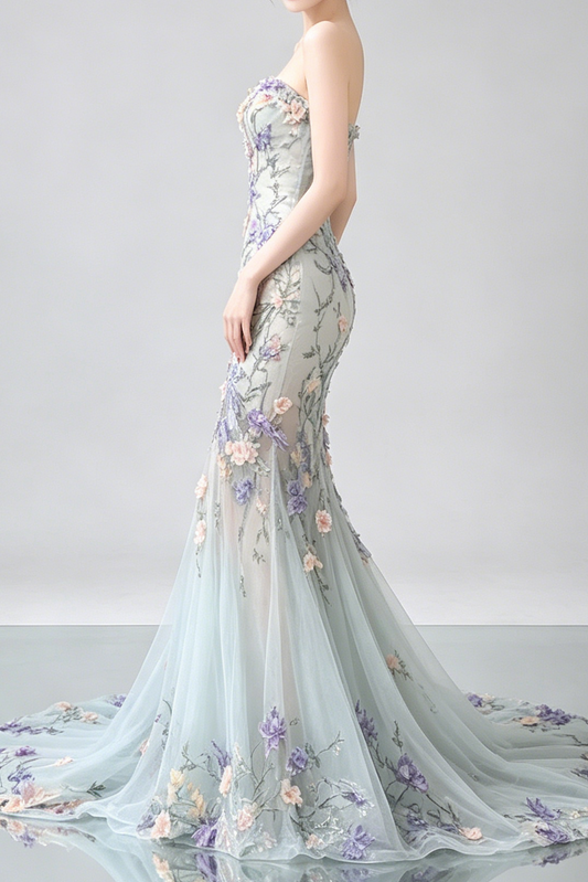 Strapless Pastel 3D Floral Tulle Mermaid Gown With Train