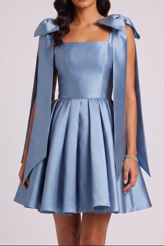 Square Neck Bow Strap Satin Mini Dress