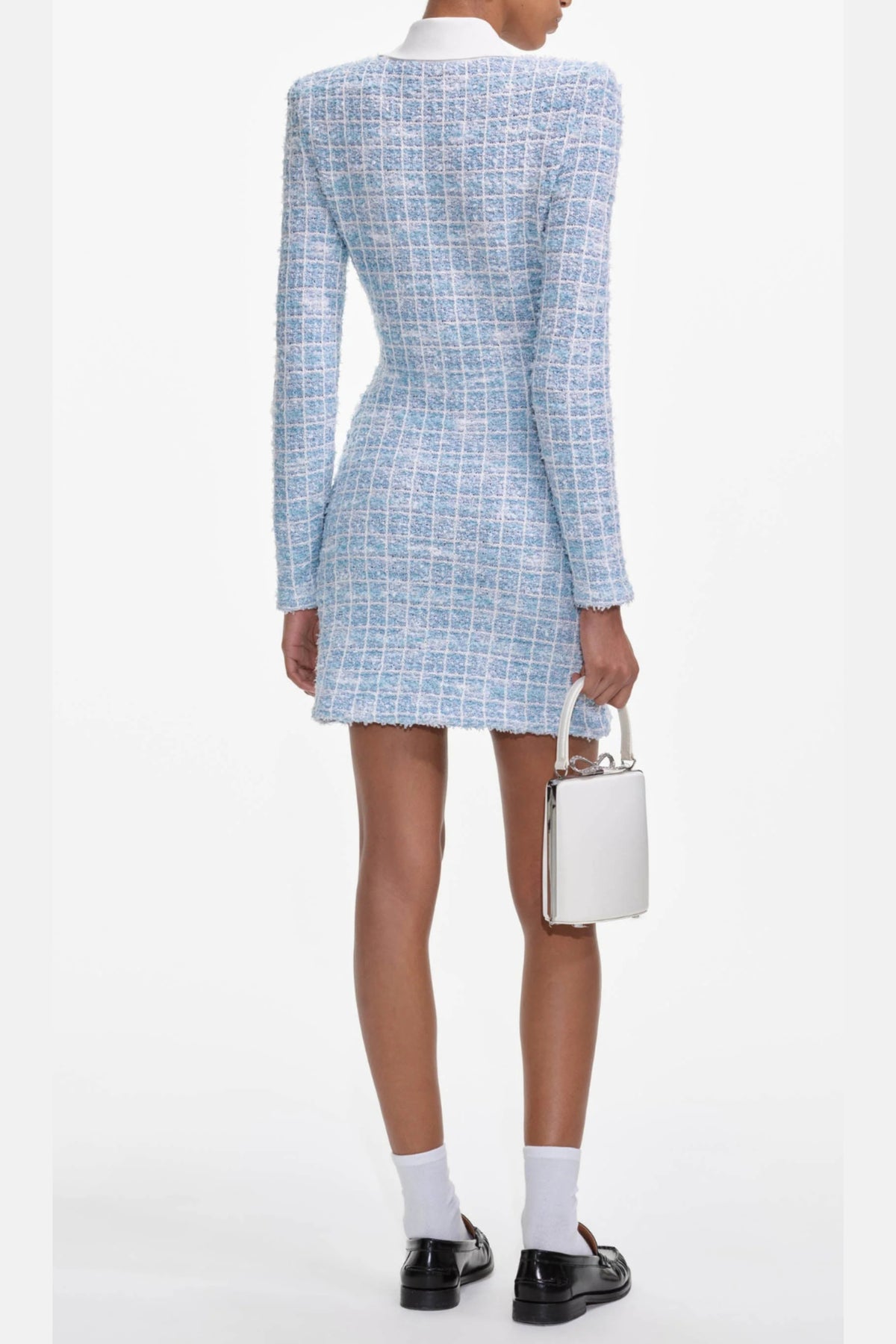 check collared knit mini dress in blue